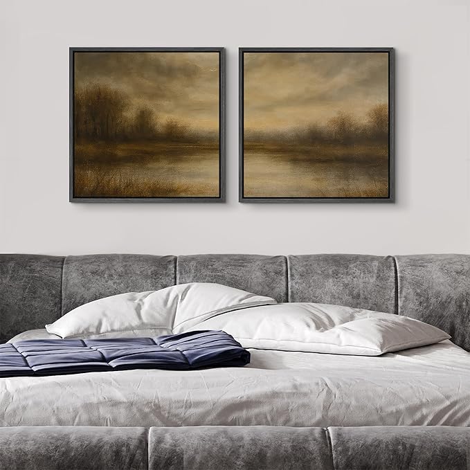 SIGNFORD Framed Canvas Print Wall Art Set Warm Brown Abstract Landscape Artwork, Moody Lake Reflection Illustrations Modern Art Minimal Relax/Calm for Living Room, Bedroom, Office - 16"x16"x2 BLACK