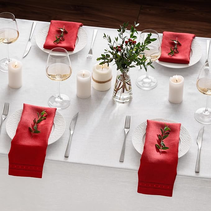 Linen Napkins Set of 4-100% Pure Linen Red Embroidered Dinner Napkins - Hemstitch Cloth Napkins Washable for Christmas and Winter Decor