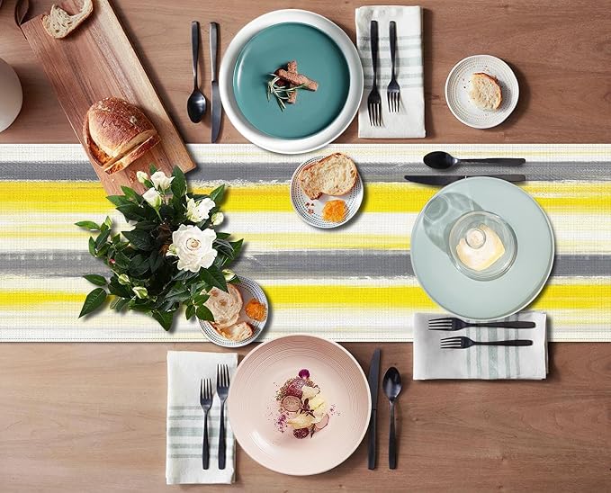 Emvency Yellow Abstract Table Runner, Modern Grey White Striped Dining Decor for Kitchen Coffee Table Family Dinners Holiday Parties Wedding Events Decor(13x72 inch)