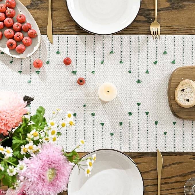 Artoid Mode Dark Green Boho Table Runner for Farmhouse Rustic，Seasonal Holiday Macrame Burlap Kitchen Dining Table Decoration for Home Party Decor 12x48 Inch