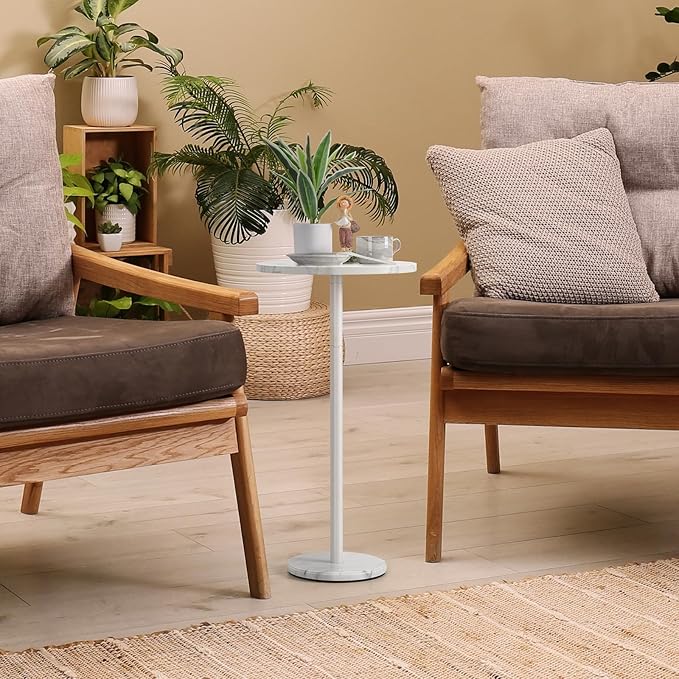 smusei Round End Table with Marble Base Drink Tables for Small Spaces Pedestal Table Small Round Side Table for Sofa Couch Chair Patio, White
