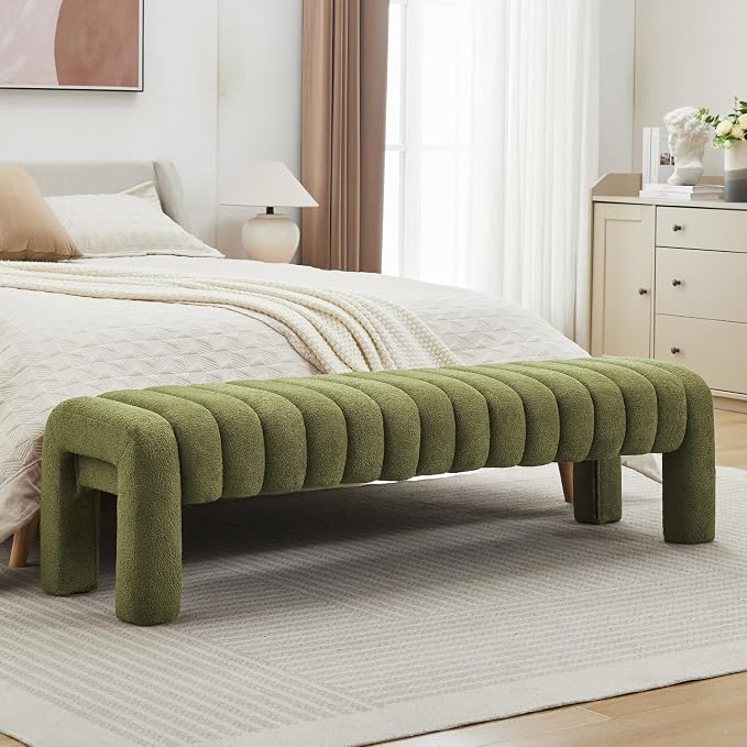 63” Dining Room Bench, Green Tufted Upholstered End of Bed Bench, Modern Entryway Ottoman Window Seat with Solid Wood Legs and Padded Seat for Bedroom, Hallway and Living Room (Boucle)