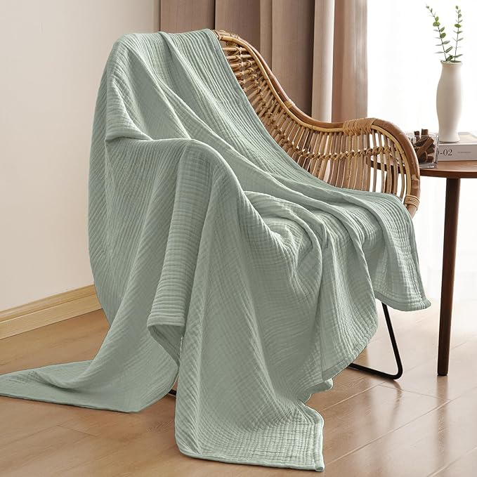 PHF 100% Cotton Muslin Throw XL Blanket Large 50" x 70", 4-Layer Lightweight Gauze Throw, Breathable Cloud-Soft Minimalist Blanket for Bed, Couch, Camping, Sage Green, Ideal Gift