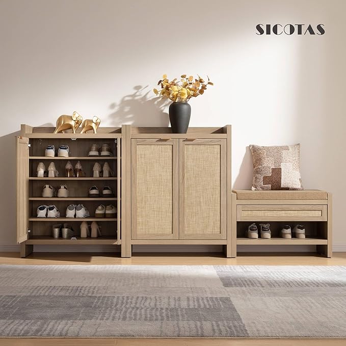 SICOTAS Shoe Cabinet, 24 Pair Shoe Storage Organizer Cabinet, 41" Tall Rattan Shoe Cabinet with Doors and Shelves, 6-Tier Farmhouse Boho Wooden Storage Cabinet for Entryway Hallway Closet, Light Oak