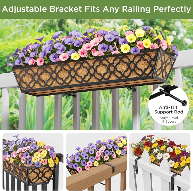 Y&M Deck Railing Planter Boxes 30 Inch 2 Pack, Adjustable Balcony Planter for Outdoor Plants, Metal Railing Planter Box for Deck, Fence and Porch, Window Boxes Outdoor, Sturdy Hanging Planter