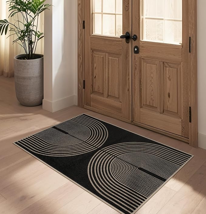 Rugalia Easy Jute Rainbow Entryway Rug, 2.6x4 Black Washable Non-Slip Indoor Outdoor Doormat, Boho Farmhouse Neutral Kitchen Rug Modern Abstract Throw Rugs for Entrance Bedroom Bathroom