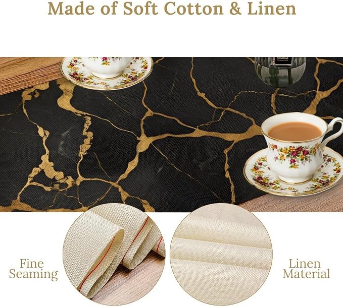 Marble Table Runner, Luxury Black Gold Abstract Textured Marble Table Decoration Runner for Kitchen Dining Cafe Party Wedding, 13x36 Inch