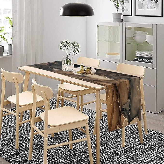 Marble Table Runner,Abstract Brown Black Gold Luxury Flow Liquid Modern Home Vintage Stone Pattern Table Runner for Coffee Table Dining Room Table Bedroom Party Holiday Decor 13x120inch
