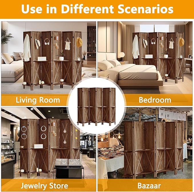 6 Panel Pegboard Display with 24 Hooks, Wooden Pegboard Room Divider Wall with Shelf, Rustic Room Dividers and Folding Privacy Screens, Bedroom, Jewelry Store, Brown