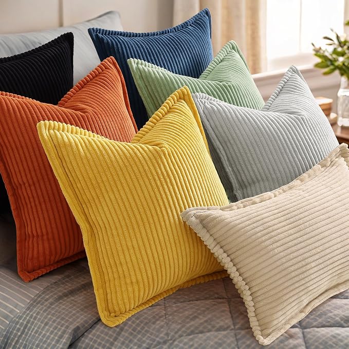 decorUhome Summer Corduroy Mustard Yellow Throw Pillow Covers 18x18 Set of 2 Decorative Soft Boho Farmhouse Couch Pillow Covers for Living Room Bed Sofa Broadside Striped Pillow Cases