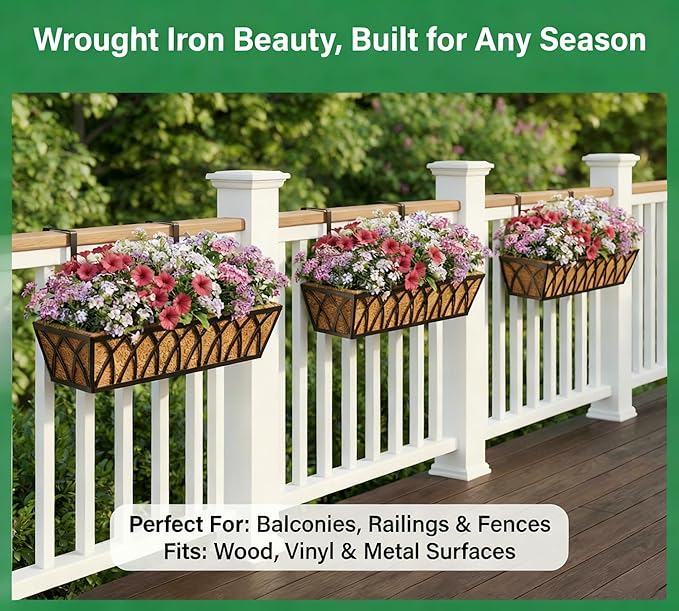 Y&M 4 Pack Hanging Railing Planter Boxes, 30 Inch Adjustable Balcony & Deck Planter, Heavy Duty Metal Flower Box for Porch, Fence & Window, Outdoor Plant Holder