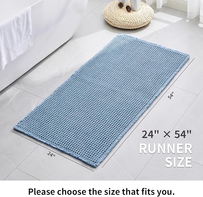 Disolla Waffle Bath Mat, Non Slip Absorbent Bathroom Runner Rug, Washable Quick Dry Ultra Soft Long Bathroom Floor Mat, Large Blue & White Bath Rug for Tub Shower, 24''x54''