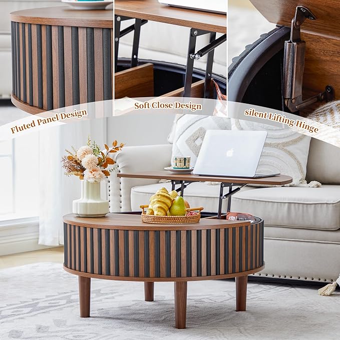 Janmer Home Round Lift Top Coffee Table with Storage, Fluted Mid Century Modern Coffee Tables, Small Space,31.5" Wooden Center Table for Living Room, Apartment, Office (Black Walnut)