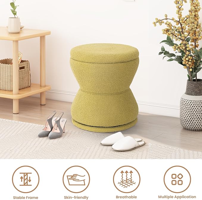 EazeHome Ottoman with Storage, 360° Swivel Boucle Ottoman Vanity Stool, Upholstered Footstool with Storage Removable Lid, Modern Round Boucle Footrest Coffee Table for Living Room, Bedroom, Green