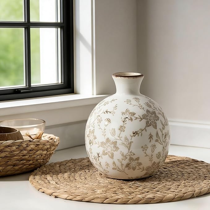 5.98" Ceramic Flower Decorative Antique Vase, Vintage Rustic Chinoiserie Floral Vase for Home Decor, Living Room, Bookshelf, Office, Entryway, Garden, Chinoiserie Decor, Tuscan Decor