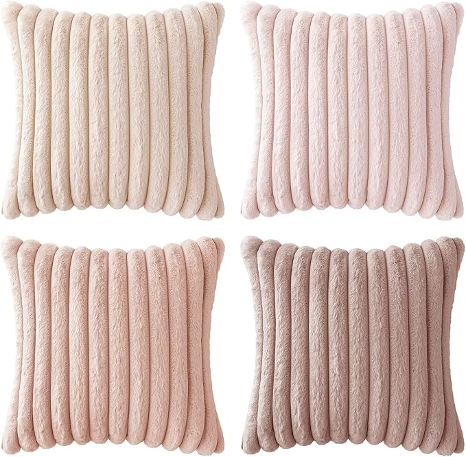 MIULEE Faux Fur Plush Decorative Throw Pillow Covers 24x24 Set of 4, Valentine's Day Cute Modern Soft Romantic Fuzzy Striped Cushion Covers Girl for Sofa Couch Bed Living Room Cozy Home Decor,Pink