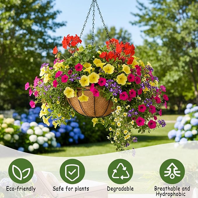 4pcs 14 inch Metal Hanging Baskets Round Wire Plant Stand with Coco Lining Cushion Decorative Planter Hanger Garden Indoor Outdoor Watering Hanging Basket （XG）