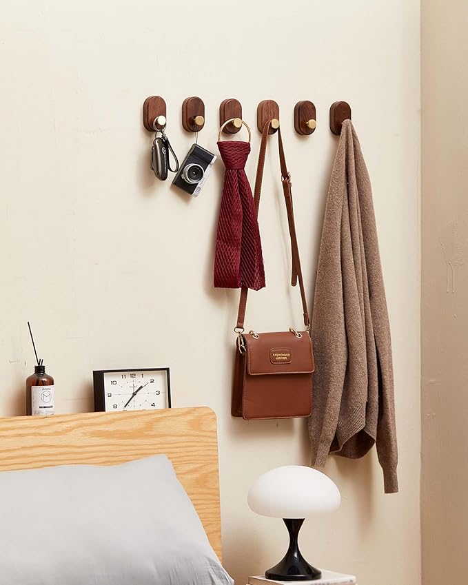 Wood Coat Hooks Wall Mount - Modern Walnut Coat Hook with Brass Accent for Hanging Clothes,Keys,Purse,Robes,Towel,Backpacks, Single Brass Wall Hooks Heavy Duty for Entryway, Closet, Bathroom (6 Pack)