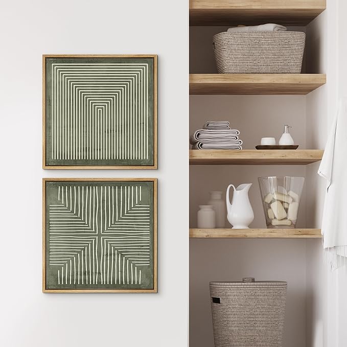 SIGNFORD Framed Canvas Print Wall Art Set Green and White Geometric Maze Illustrations Modern Art Minimal Relax/Calm for Living Room, Bedroom, Office - 24"x24"x2 Natural
