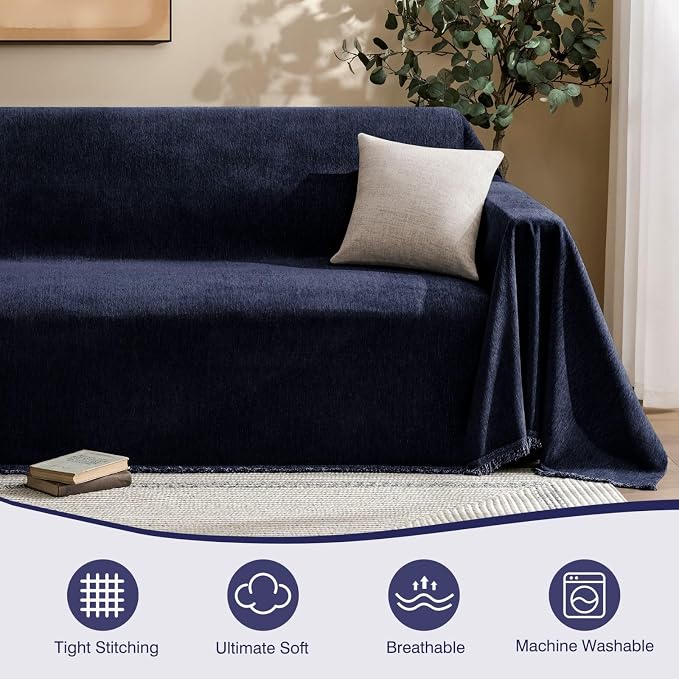 MaymissCouch Cover for Dogs Sectional Sofa Covers Washable for 3 Cushion Couch, Chenille Couch Cover Blanket, Sectional Sofa Slipcovers, Multi-Use Furniture Protector for Kids, Pets, 71" X150", Navy