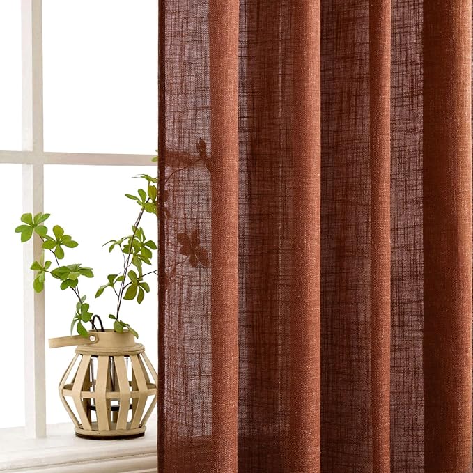 MIULEE Burnt Orange Linen Curtains 63 Inch Length 2 Panels for Bedroom Living Room, Soft Thick Linen Textured Kitchen Window Drapes Semi Sheer Light Filtering Back Tab Rod Pocket Terracotta Fall Decor