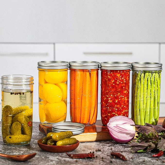 24 oz Wide Mouth Mason Jars - Canning Jars with Metal Airtight Lids and Bands, 24 ounce Mason Glass Jars for Fermenting, Pickling, Meal Prep, Overnight Oats, Jam, Jelly, DIY Projects (6 pack)