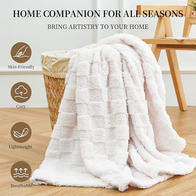Aganear Flannel Throw Blanket - Cozy Soft Lightweight Fuzzy Checkered Throw Blanket for Women Portable Throw Blankets for Couch, Warm Present for Birthday, Christmas(50"x70", Cream White)