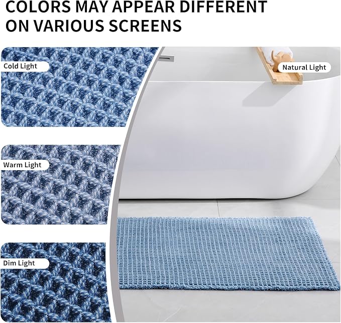 Disolla Waffle Bath Mat, Non Slip Absorbent Bathroom Rug, Machine Washable Quick Dry Ultra Soft Bathroom Floor Mat, Blue & White Bath Rug for Tub Shower, 24''x48''