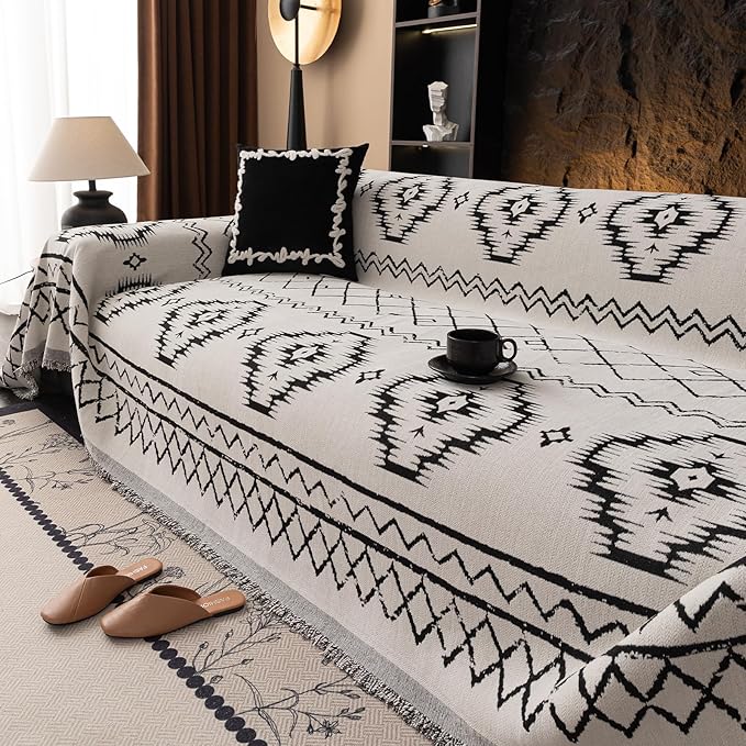 VClife Boho Aztec Couch Cover Extra Large Couch Cover for 3-4 Seat Sofa, Western White Slipcover Cover with Black Tribal Pattern, Soft Thick Chenille Furniture Sofa Covers wit Tassel, White, 71"X150"