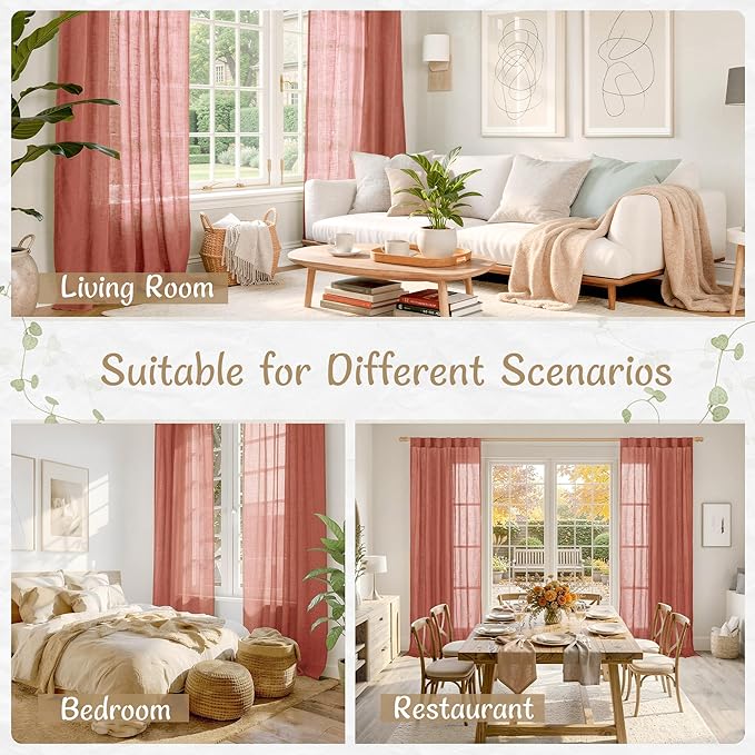 LAMIT Terracotta Linen Semi Sheer Curtains 96 Inches Long 2 Panels, Light Filtering Rustic Boho Panels Back Tab and Rod Pocket Floor to Ceiling Drapes for Living Room/Sliding Glass Door, 52 x 96 Inch