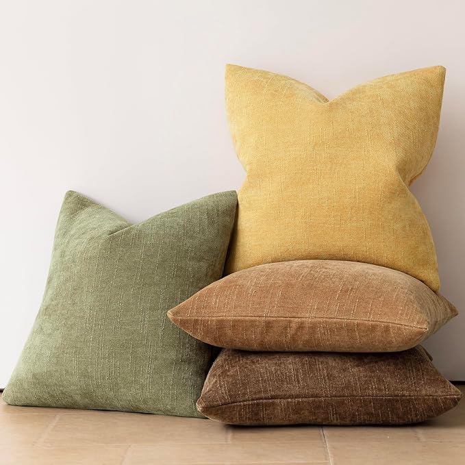 Foindtower Pack of 2 Cozy Textured Chenille Throw Decorative Pillow Covers Square Accent Solid Cushion Cover Neutral Farmhouse Pillow Case for Couch Sofa Bedroom Living Room 24x24 Inch,Light Yellow