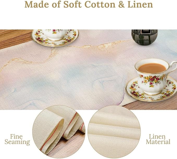 Watercolor Marble Table Runner, Dreamy Blue Pink Cloud Textured Modern Decoration Table Runner for Kitchen Dining Home Party Birthday Wedding, 13x36 Inch