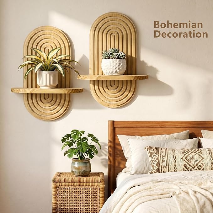 Heiple Set of 2 Boho Arched Floating Shelves 15.7”x 7.8” Plant Wooden Hanging Shelf for Living Room Bedroom Nursery Mid Century Modern Wall Decor Office Holding Planter (Brown, 11.7 * 15.7)