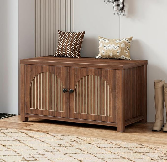Fluted Storage Bench with Storage, Small Entryway Shoe Bench, Bedroom Storage Bench, Wood Shoe Organizer, Mid Century Modern Cabinet with 2 Doors, Adjustable Shelf, Hallway, Living Room, Walnut