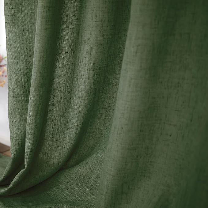 KOUFALL Olive Green Back Tab Rod Pocket Linen Sheer Curtains 52 by 96 for Bedroom