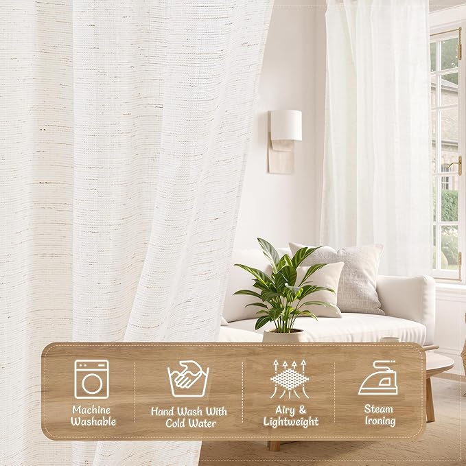 LAMIT Linen Semi Sheer Curtains 96 Inches Long 2 Panels, Vertical Light Filtering Drapes Back Tab and Rod Pocket Floor to Ceiling Curtains for Living Room/Sliding Glass Door/Bedroom, 52 x 96 Inch