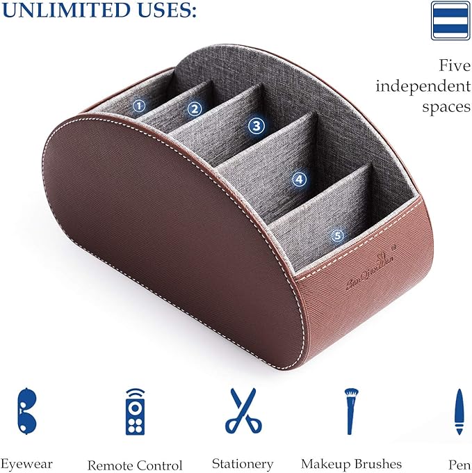Remote Control Holders Organizer Box with 5 Compartment PU Leather Multi-functional Office Desk Storage Caddy Store Tv Remote for Media Player,Brush,Pencil,Glassees&Office Supplies (Dark Brown)