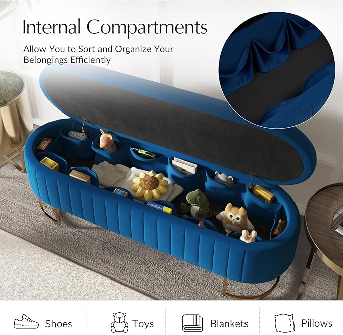 55.5" Velvet Upholstered Storage Bench with Channel Tufted Seat and Metal Legs, Multi-Functional Ottoman with Interior Organizer Pockets for Bedroom and Entryway, Flipping Lid Large Window Bench