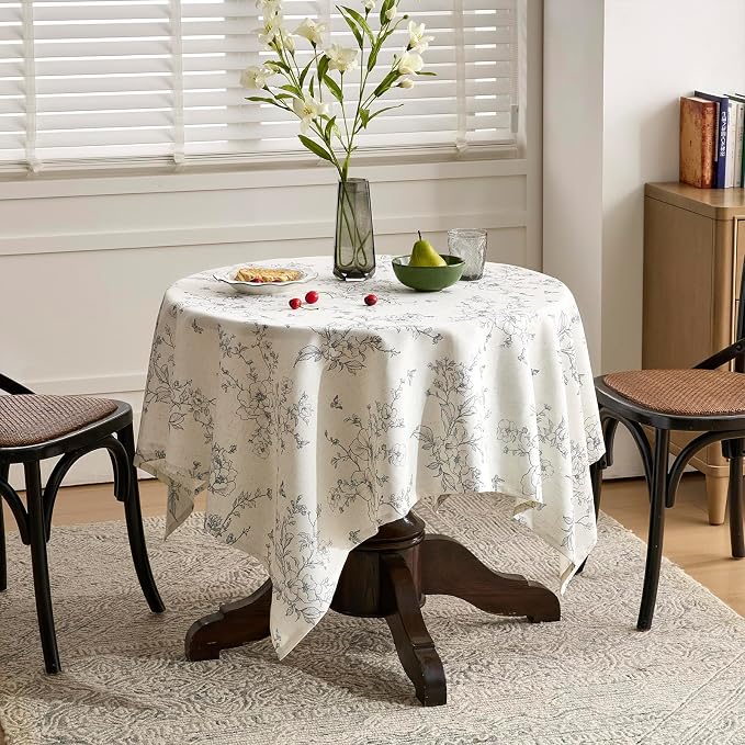 Farmhouse Linen Square Tablecloth Floral Table Cloth with Gray Flowers Pattern Burlap Textured French Rustic Vintage Outdoor Table Cover for Picnic,Dining,Party,Home Decor 55x55 Inch