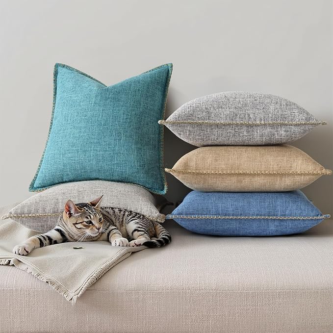 decorUhome Summer Decorative Throw Pillow Covers 24x24 Set of 2 Square Faux Linen Farmhouse Euro Sham Pillow Covers with Stitched Edge Outdoor Pillow Covers for Couch Sofa Living Room, Teal