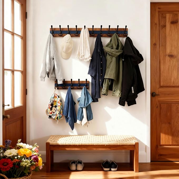 SKOLOO Rustic Wall Mounted Coat Rack - 38-1/8" Long Coat Hooks for Wall with 10 Triple Hooks for Hanging Coats, Hats or Tools, Western National Parks Collection, Wood Brown & Blue
