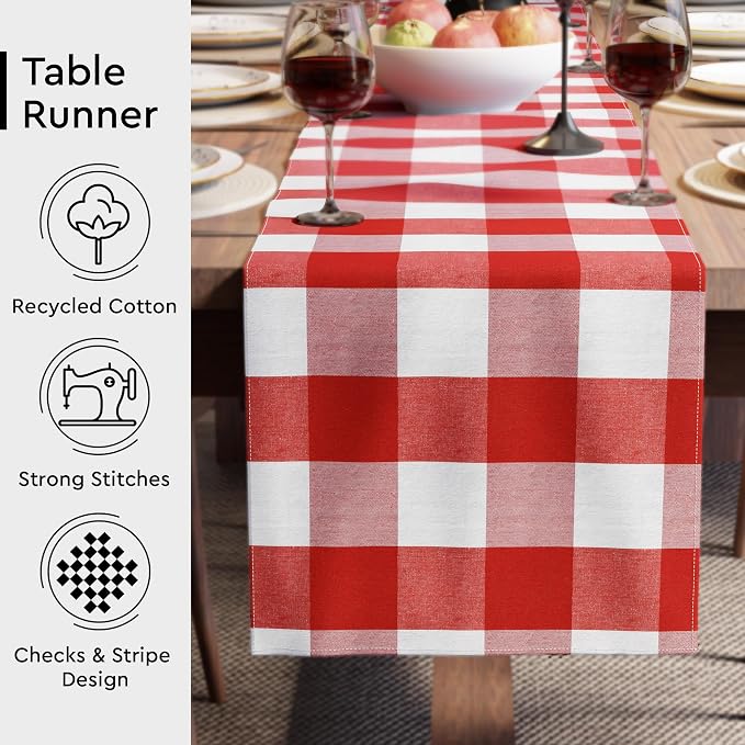 Encasa XO Cotton Dining Table Runner | Buffalo Red Checks | Size 13x48 in - Machine Washable & Durable