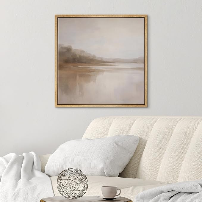 SIGNWIN Framed Canvas Print Wall Art Soft Neutral Coastal Landscape Misty Shoreline Illustrations Fine Art Country Minimal for Living Room, Bedroom, Office - 16"x16" NATURAL