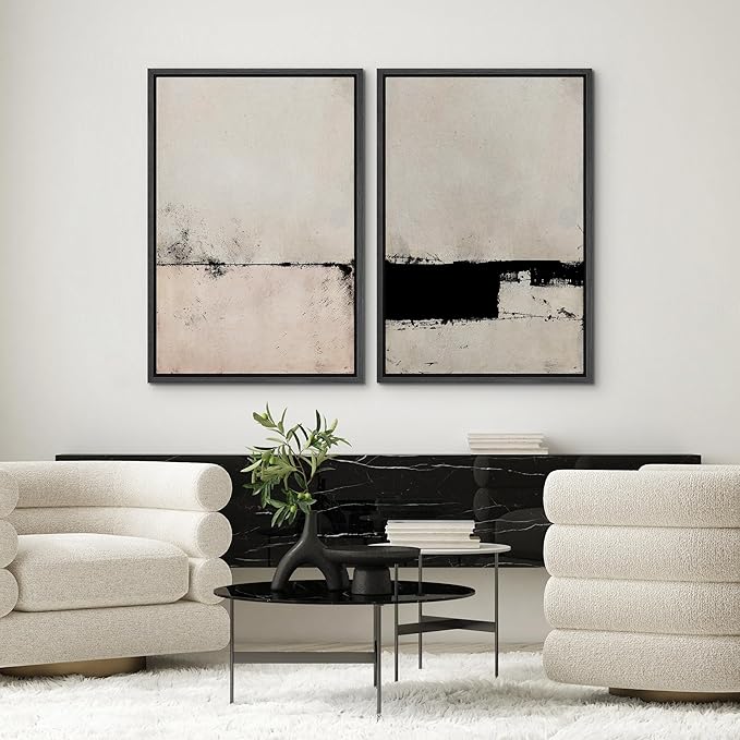SIGNWIN Framed Canvas Print Wall Art Set Pastel Industrial Grunge Landscape Abstract Shapes Illustrations Minimal Decorative Nordic Relax/Zen for Living Room, Bedroom, Office - 24"x36"x2 Black