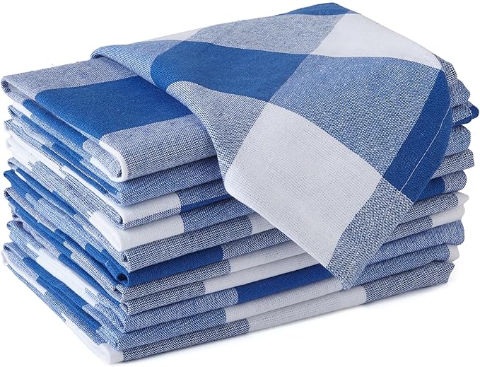 Encasa XO Cotton Cloth Napkins Set of 12, 17"x17" | Washable & Reusable Dinner Napkins Buffalo Blue Checks Table Napkins for Farmhouse, Wedding, Holiday, Party & Everyday Dining