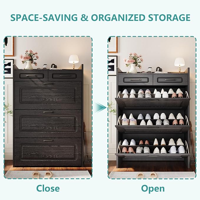 Shoe Cabinet with 3 Large Flip Drawers and 2 Storage Drawers, Narrow Shoe Organizer Cabinet Fits for Kinds of Shoes, Slim Shoe Storage Cabinet for Entryway, Hallway, Black