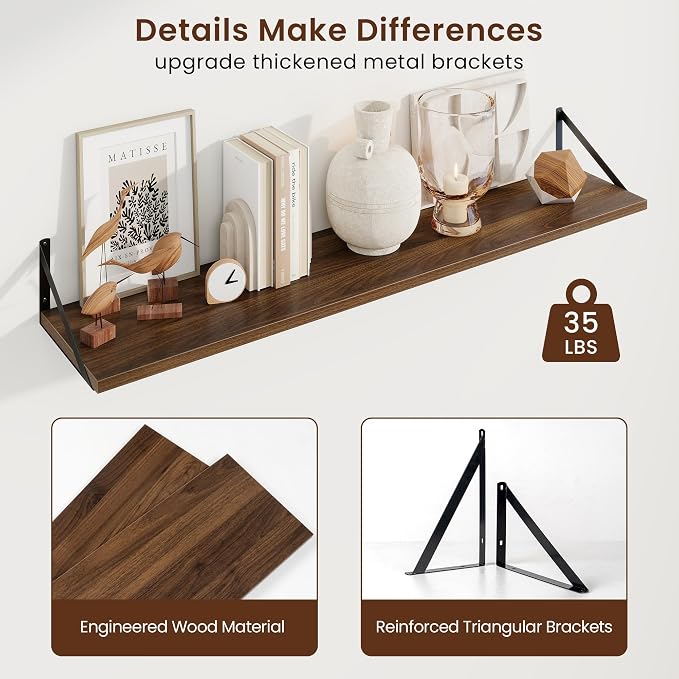 Axeman 48 Inch Floating Shelves | 10 Inch Deep Walnut Wall Shelves Set of 2 | 48" W x 10" D Walnut Floating Shelves for Living Room Bathroom Kitchen
