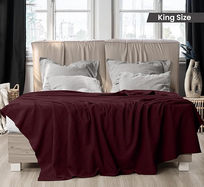 Utopia Bedding 100% Cotton Thermal Blanket Burgundy King Size Soft, Lightweight, Breathable, Cozy Spring and Summer Blankets for Bed, Home Room Decor Gifts for Women and Men (90x108 Inches)