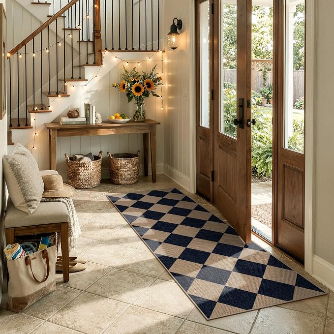 Lahome Colette Checkered Easy Jute Runner Rug, 2x6 Kitchen Mats for Floor Washable Entryway Runner, Checkerboard Black Indoor Outdoor Carpet for Hallway 6ft Entry Laundry