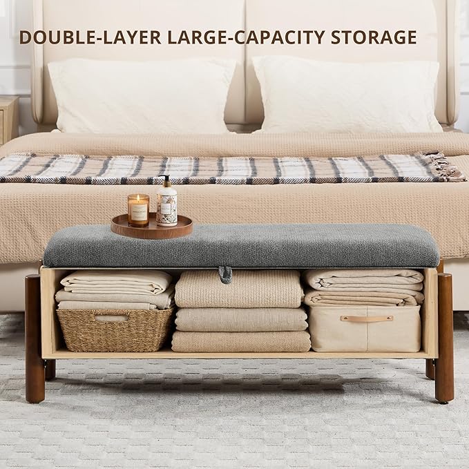 47'' Modern Storage Ottoman Benches with Walnut Wood Legs Ottoman Bench with 22 Gallons Storage Space Fabric Upholstered Seating End of Bed Bench for Bedroom for Livingroom Darkgrey